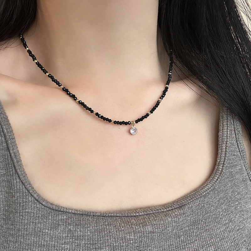 Black Onyx & Gold Bead Necklace | Hypoallergenic Adjustable 50cm Chain with Diamond Charm | Unisex Daily Jewelry