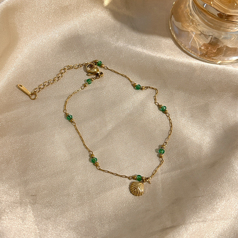 Enchanted Seashell Anklet | Dainty Green Crystal Accents for Tropical Elegance
