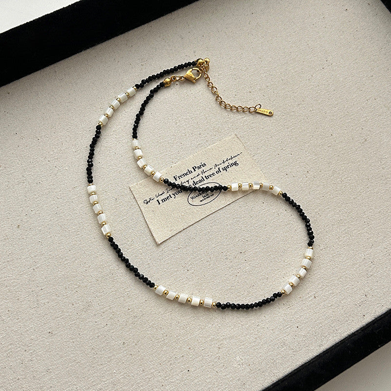 Black & White Geometric Bead Necklace | Gold-Accented Minimalist Jewelry | Hypoallergenic Unisex 50cm Chain