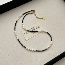Load image into Gallery viewer, Black &amp; White Geometric Bead Necklace | Gold-Accented Minimalist Jewelry | Hypoallergenic Unisex 50cm Chain