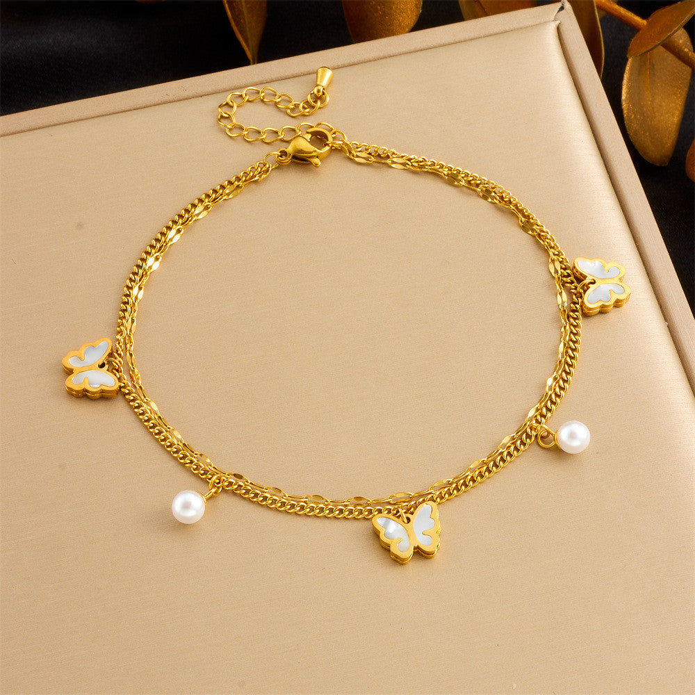 【Anklet】Multi-Charms Elegance | Women Adjustable Beach-Ready Design with Pearl & Butterfly Accents