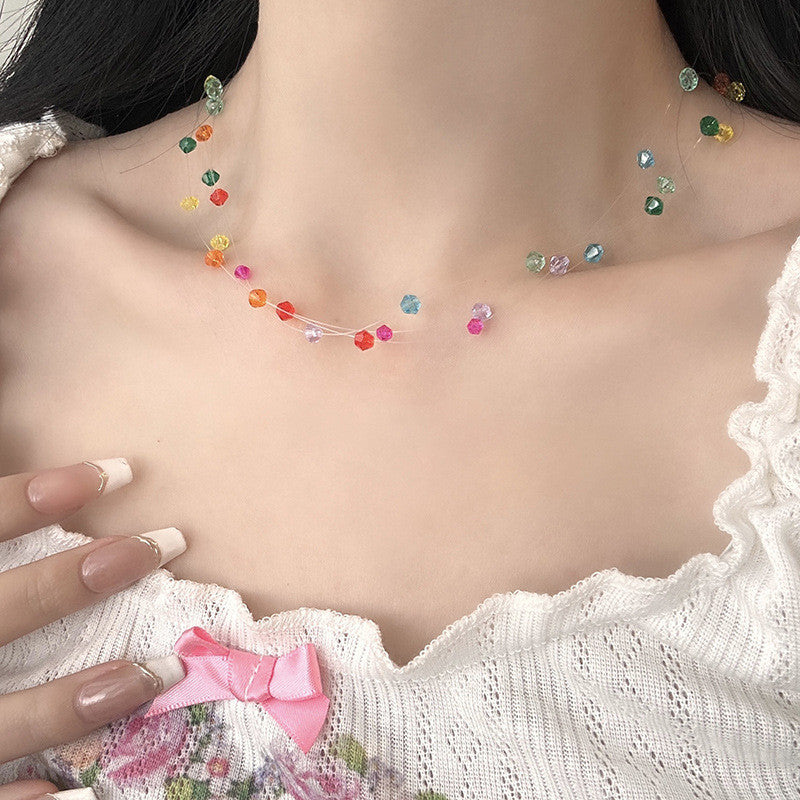 Multicolor Bead Layered Necklace | 3-Strand Adjustable Silver Chain | Hypoallergenic Boho Jewelry for Women