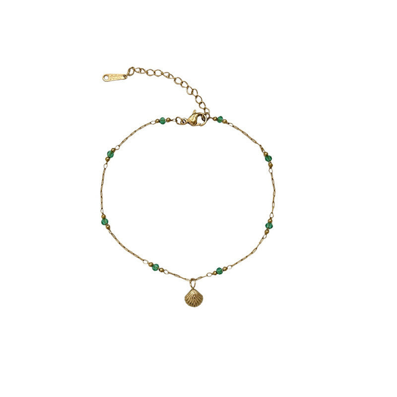Enchanted Seashell Anklet | Dainty Green Crystal Accents for Tropical Elegance