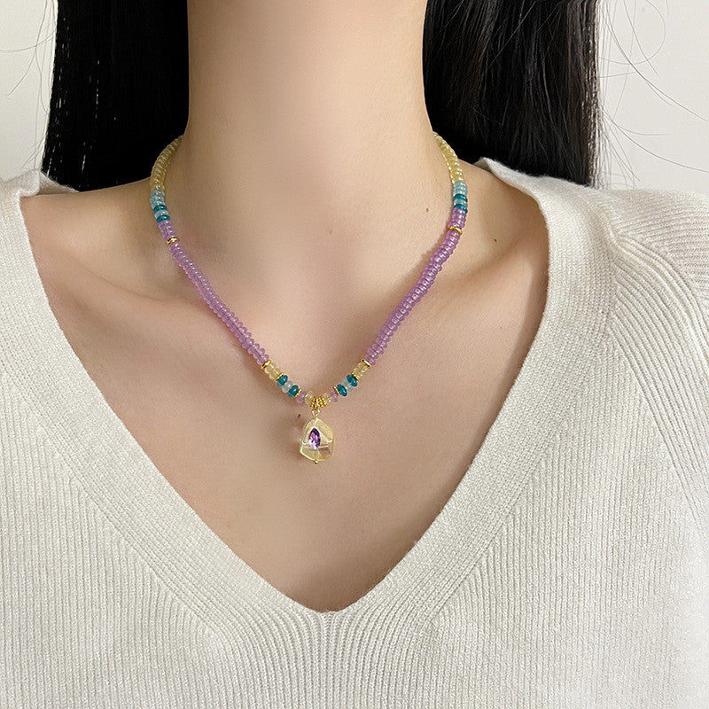 Pastel Amethyst Bead Necklace | Gold-Accented Multicolor Glass & Crystal Jewelry | Adjustable 45cm Hypoallergenic Gift