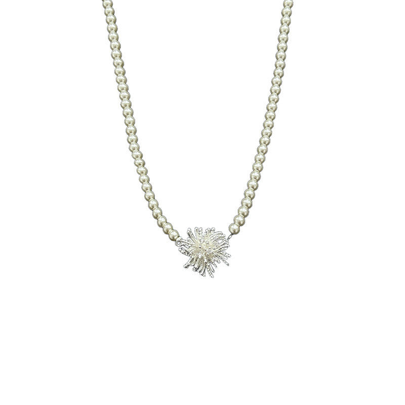 Silver Pearl Necklace with Copper Dandelion Pendant | Hypoallergenic Adjustable Jewelry for Women | Minimalist Daily Giftn