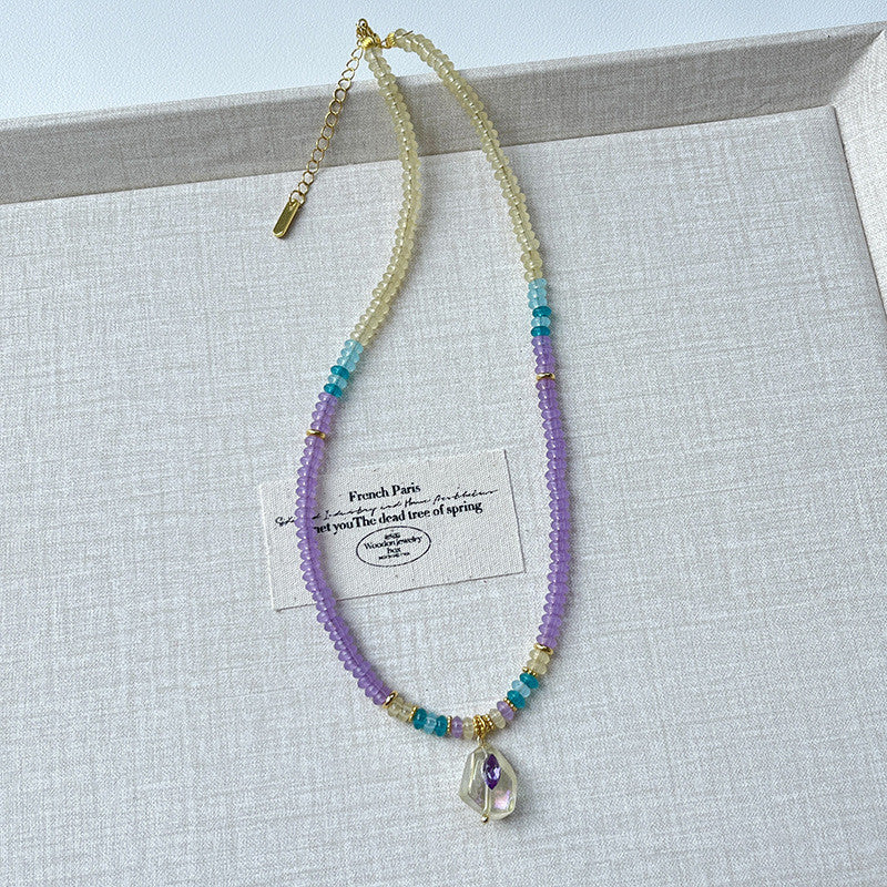 Pastel Amethyst Bead Necklace | Gold-Accented Multicolor Glass & Crystal Jewelry | Adjustable 45cm Hypoallergenic Gift