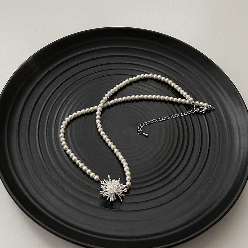 Silver Pearl Necklace with Copper Dandelion Pendant | Hypoallergenic Adjustable Jewelry for Women | Minimalist Daily Giftn