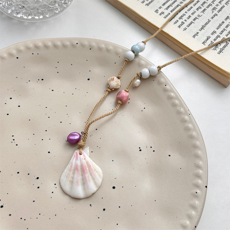 Pastel Shell & Bead Rope Necklace | Handmade Adjustable Beach Jewelry | Hypoallergenic Boho Gift for Women