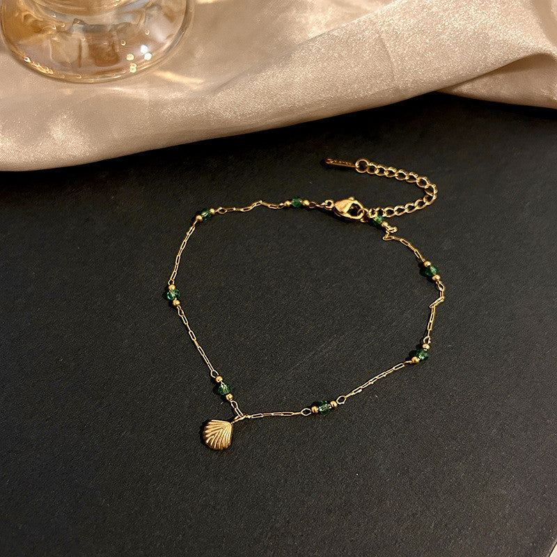 Enchanted Seashell Anklet | Dainty Green Crystal Accents for Tropical Elegance