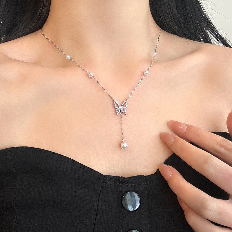 Butterfly & Pearl White Gold Necklace | Hypoallergenic Elegant Jewelry for Women | Wedding & Daily Luxury Gift
