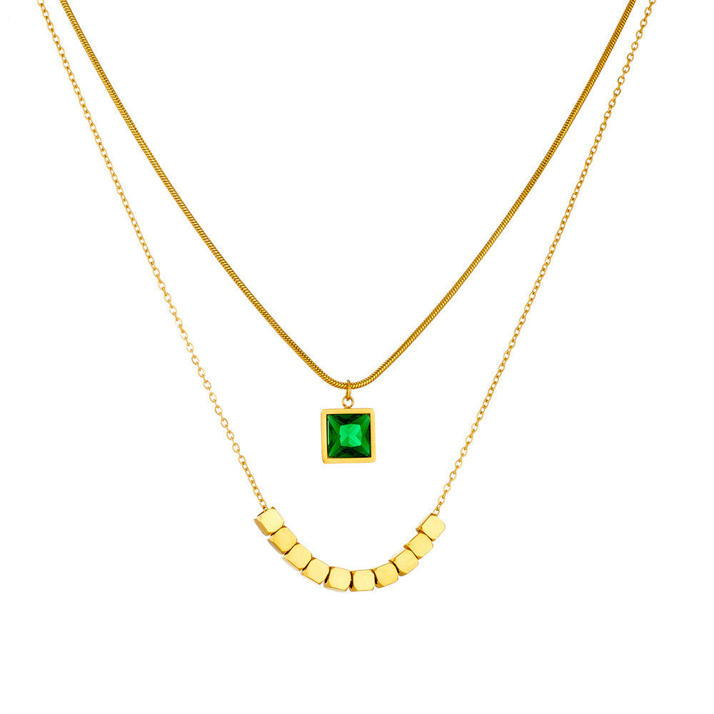 【Pendant Necklace】Women Layered Radiance | Emerald Square Pendant & Dual-Chain Design