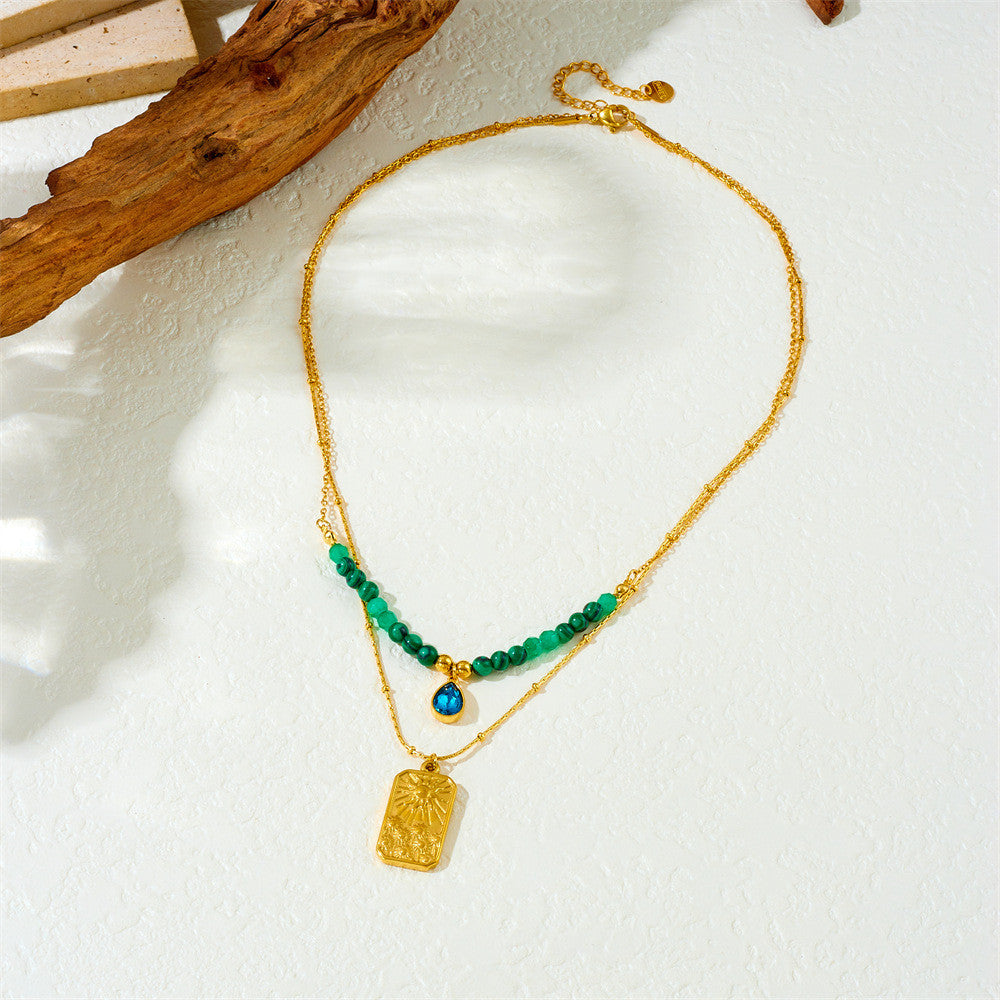 【Pendant Necklace】Malachite & Sunburst Elegance | Women Fashion Adjustable Layered Gemstone Design