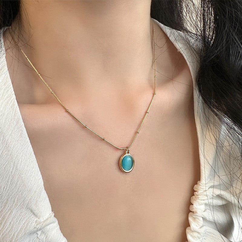 Turquoise Gold Necklace for Women | Hypoallergenic Oval Gemstone Pendant | Adjustable 45cm Minimalist Daily Jewelry