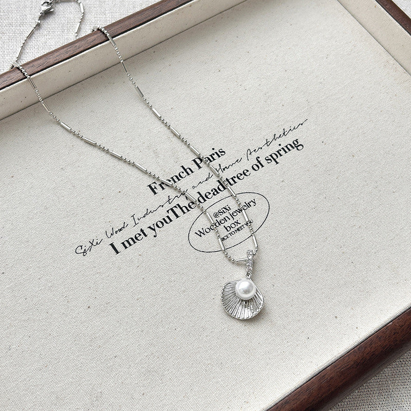 Silver Shell & Pearl Necklace | Hypoallergenic Minimalist Jewelry | Adjustable 45cm Beach Wedding Gift