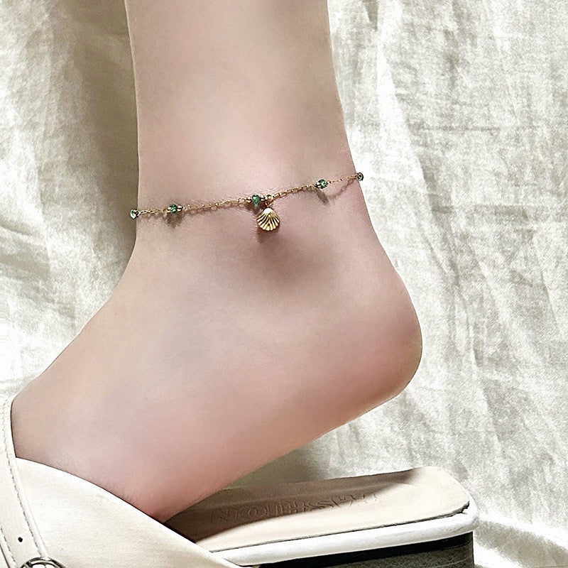 Enchanted Seashell Anklet | Dainty Green Crystal Accents for Tropical Elegance