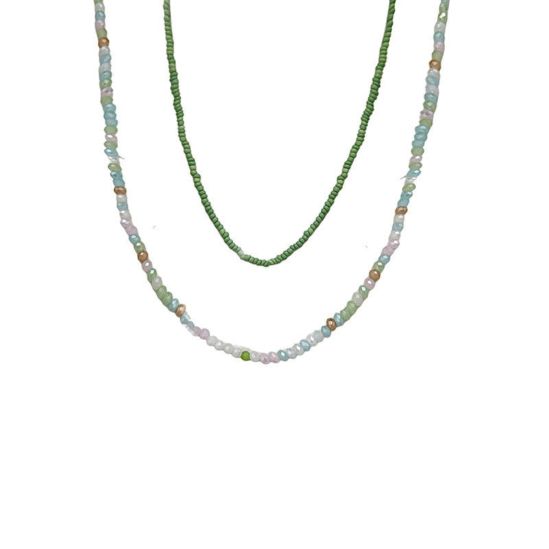 Pastel Green & Pink Seed Bead Necklace | Opal Glass Multilayer Boho Jewelry | Adjustable 50-60cm for Daily/Wedding Gift