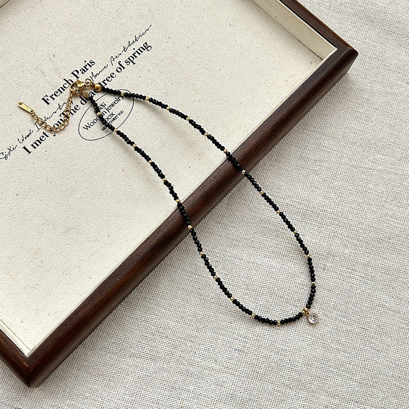 Black Onyx & Gold Bead Necklace | Hypoallergenic Adjustable 50cm Chain with Diamond Charm | Unisex Daily Jewelry