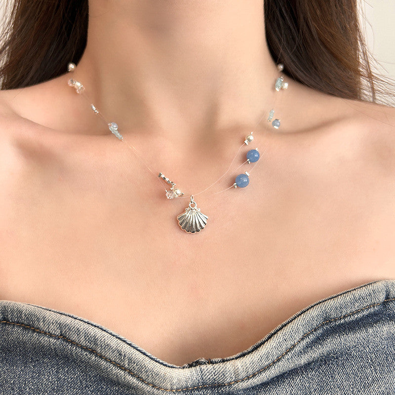3-Strand Silver Layered Necklace | Pearl & Seashell Charm with Aqua Beads | Hypoallergenic Beach Jewelry for Women