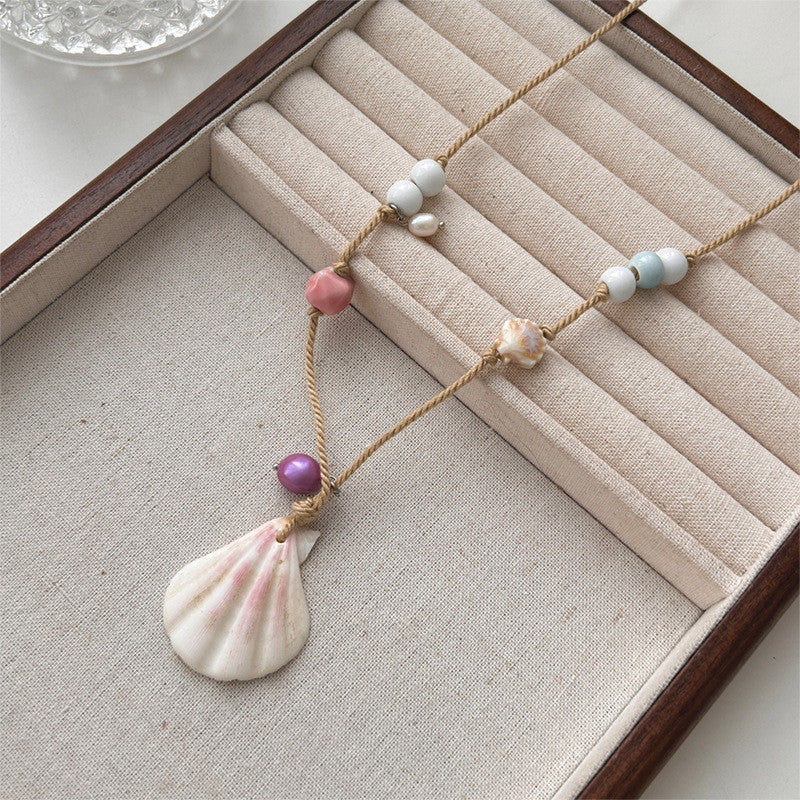 Pastel Shell & Bead Rope Necklace | Handmade Adjustable Beach Jewelry | Hypoallergenic Boho Gift for Women