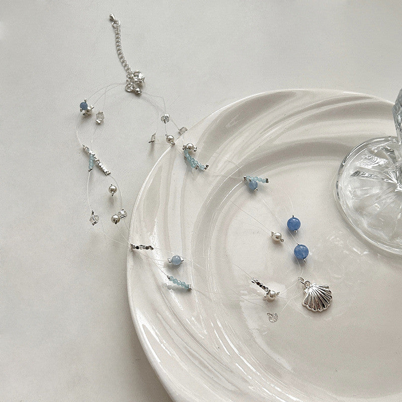 3-Strand Silver Layered Necklace | Pearl & Seashell Charm with Aqua Beads | Hypoallergenic Beach Jewelry for Women