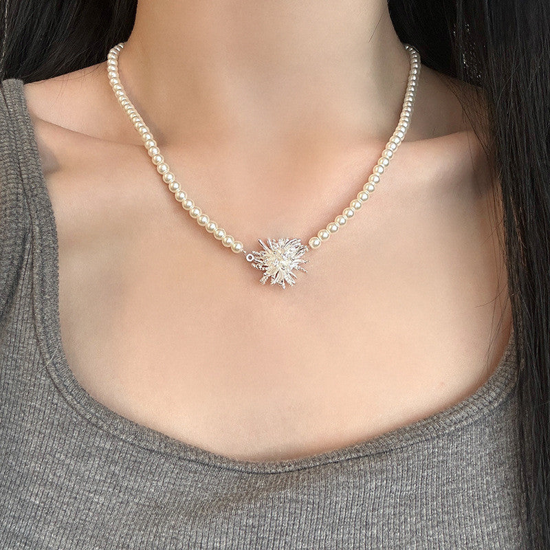 Silver Pearl Necklace with Copper Dandelion Pendant | Hypoallergenic Adjustable Jewelry for Women | Minimalist Daily Giftn