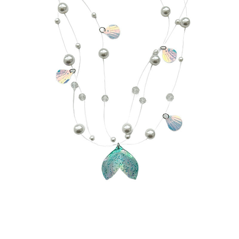 Mermaid Tail Multi-Strand Necklace | Iridescent Pearl & Shell Jewelry | Hypoallergenic Beach Fantasy Gift for Women