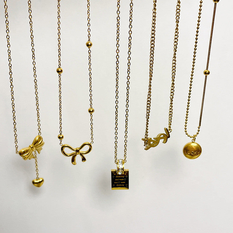 Gold Geometric Pendant Necklace Set | Minimalist Layered Chains with Letter & Shape Charms | Korean-Inspired Daily Jewelry
