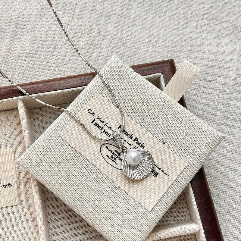 Silver Shell & Pearl Necklace | Hypoallergenic Minimalist Jewelry | Adjustable 45cm Beach Wedding Gift