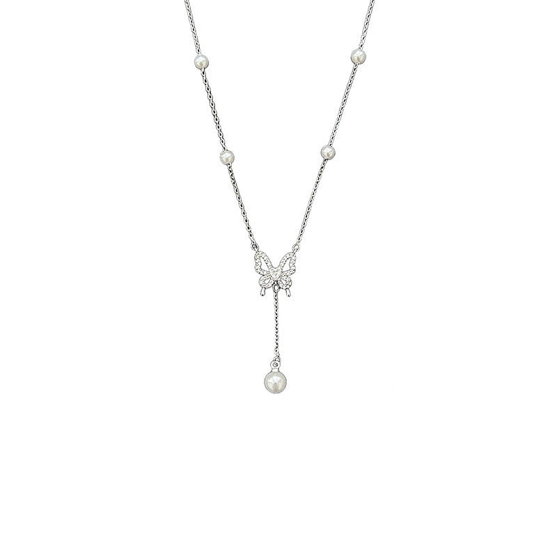 Butterfly & Pearl White Gold Necklace | Hypoallergenic Elegant Jewelry for Women | Wedding & Daily Luxury Gift