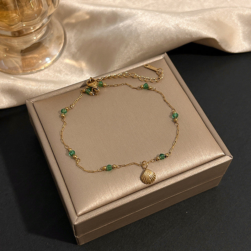 Enchanted Seashell Anklet | Dainty Green Crystal Accents for Tropical Elegance