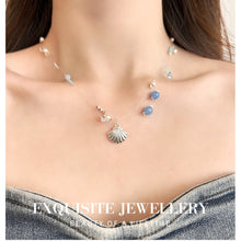 Laden Sie das Bild in den Galerie-Viewer, 3-Strand Silver Layered Necklace | Pearl &amp; Seashell Charm with Aqua Beads | Hypoallergenic Beach Jewelry for Women
