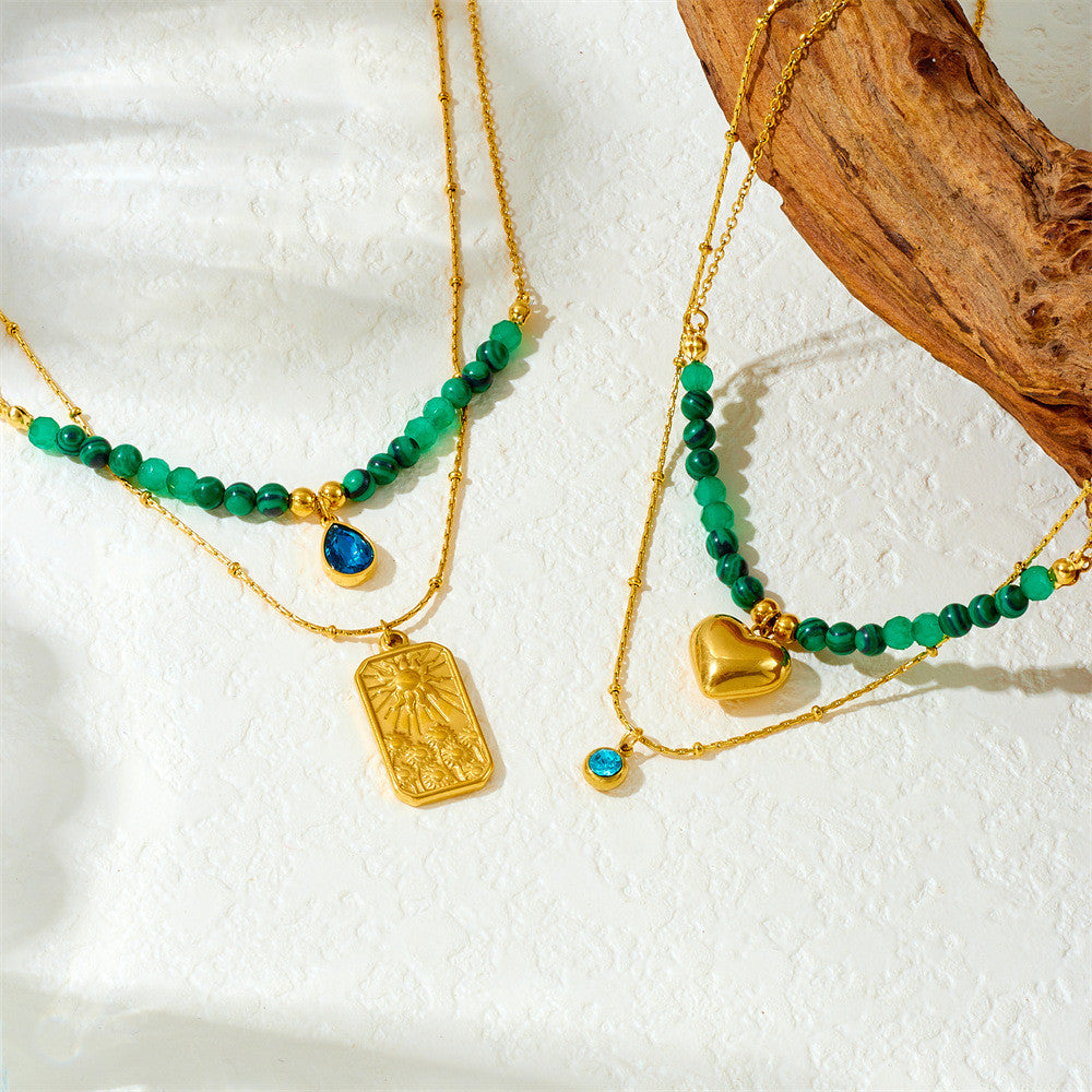 【Pendant Necklace】Malachite & Sunburst Elegance | Women Fashion Adjustable Layered Gemstone Design
