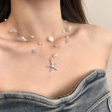 Laden Sie das Bild in den Galerie-Viewer, 3-Strand Silver Layered Necklace | Pearl &amp; Seashell Charm with Aqua Beads | Hypoallergenic Beach Jewelry for Women