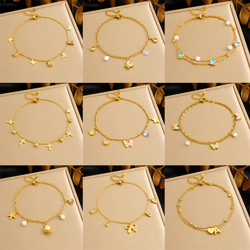 【Anklet】Multi-Charms Elegance | Women Adjustable Beach-Ready Design with Pearl & Butterfly Accents