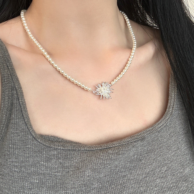 Silver Pearl Necklace with Copper Dandelion Pendant | Hypoallergenic Adjustable Jewelry for Women | Minimalist Daily Giftn