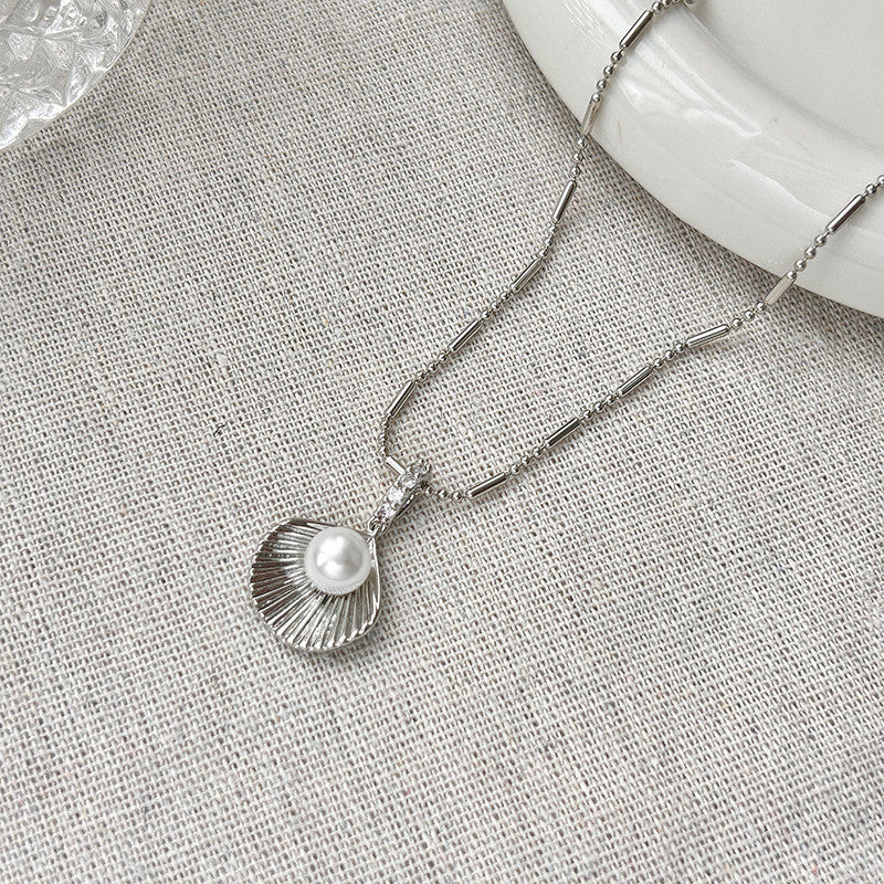 Silver Shell & Pearl Necklace | Hypoallergenic Minimalist Jewelry | Adjustable 45cm Beach Wedding Gift