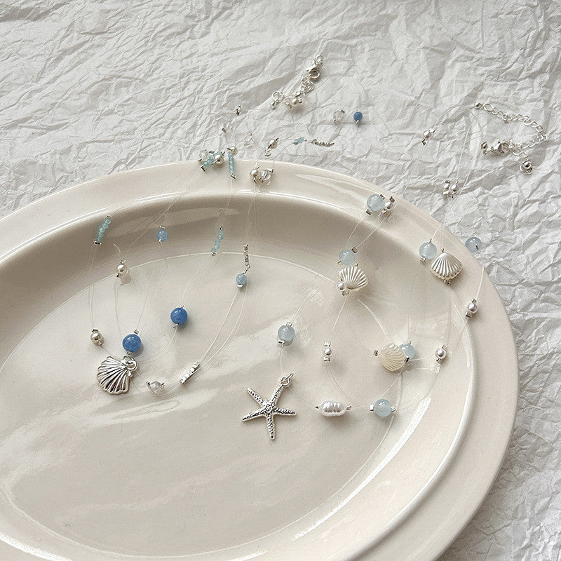 3-Strand Silver Layered Necklace | Pearl & Seashell Charm with Aqua Beads | Hypoallergenic Beach Jewelry for Women