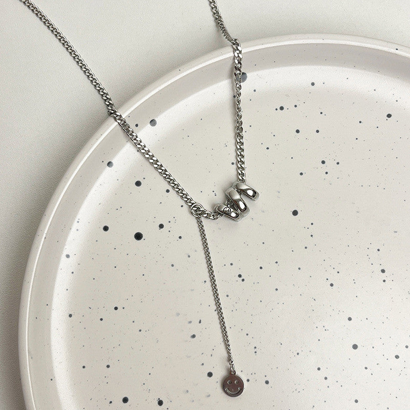 Silver 'M' Initial & Smiley Face Necklace | Hypoallergenic Personalized Jewelry for Girls | Adjustable 50cm Daily Gift