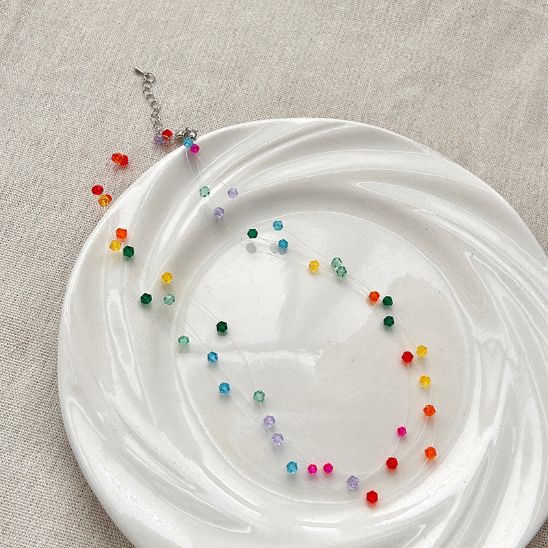 Multicolor Bead Layered Necklace | 3-Strand Adjustable Silver Chain | Hypoallergenic Boho Jewelry for Women