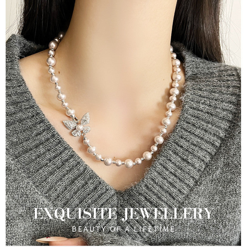 925 Silver Pearl Necklace with Butterfly Charm Luxury Gift for Women Free Shipping