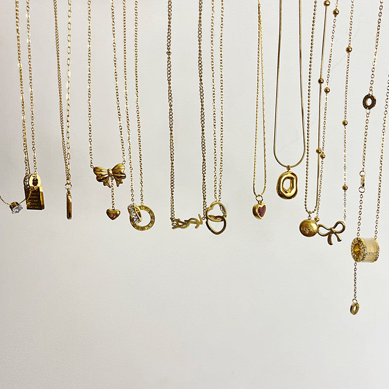 Gold Geometric Pendant Necklace Set | Minimalist Layered Chains with Letter & Shape Charms | Korean-Inspired Daily Jewelry