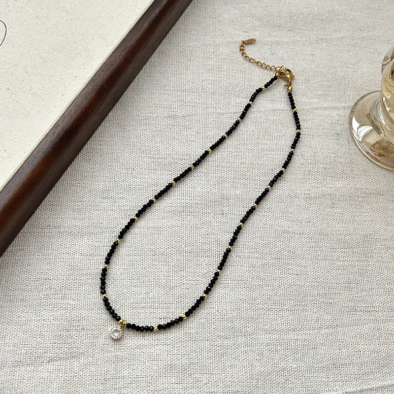 Black Onyx & Gold Bead Necklace | Hypoallergenic Adjustable 50cm Chain with Diamond Charm | Unisex Daily Jewelry