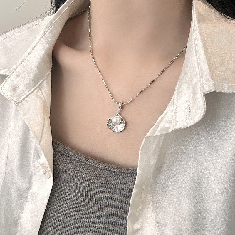 Silver Shell & Pearl Necklace | Hypoallergenic Minimalist Jewelry | Adjustable 45cm Beach Wedding Gift
