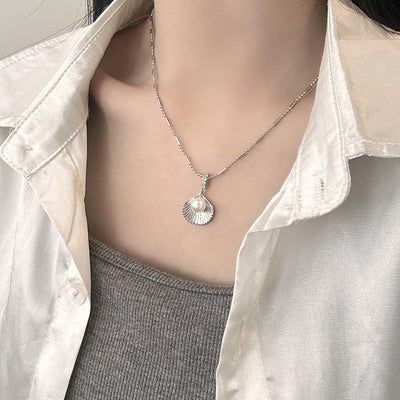 Silver Shell & Pearl Necklace | Hypoallergenic Minimalist Jewelry | Adjustable 45cm Beach Wedding Gift