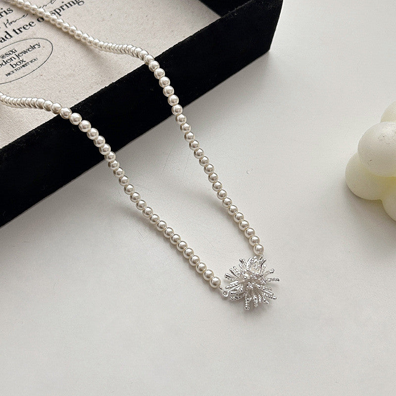 Silver Pearl Necklace with Copper Dandelion Pendant | Hypoallergenic Adjustable Jewelry for Women | Minimalist Daily Giftn