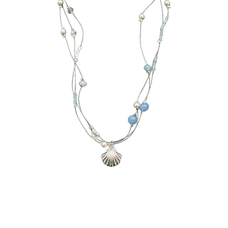 3-Strand Silver Layered Necklace | Pearl & Seashell Charm with Aqua Beads | Hypoallergenic Beach Jewelry for Women