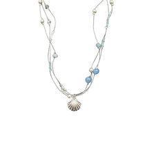 Laden Sie das Bild in den Galerie-Viewer, 3-Strand Silver Layered Necklace | Pearl &amp; Seashell Charm with Aqua Beads | Hypoallergenic Beach Jewelry for Women