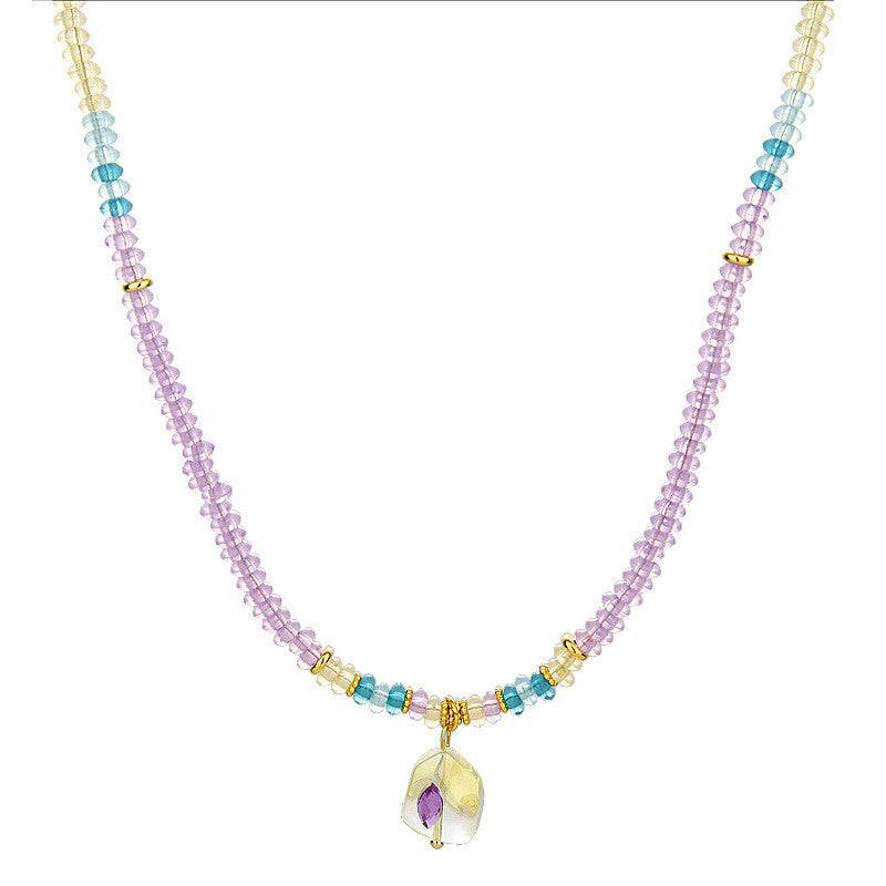 Pastel Amethyst Bead Necklace | Gold-Accented Multicolor Glass & Crystal Jewelry | Adjustable 45cm Hypoallergenic Gift