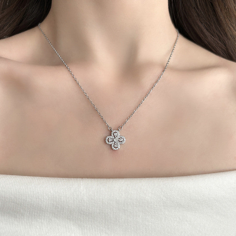 Titanium Steel Four-Leaf Clover Necklace | Hypoallergenic Diamond-Accent Jewelry | Lucky Charm Gift for Women