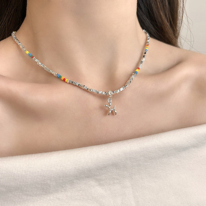 Rainbow Bead Dog Charm Necklace | Hypoallergenic Silver Pet Jewelry | Adjustable 45cm Boho Gift for Dog Lovers